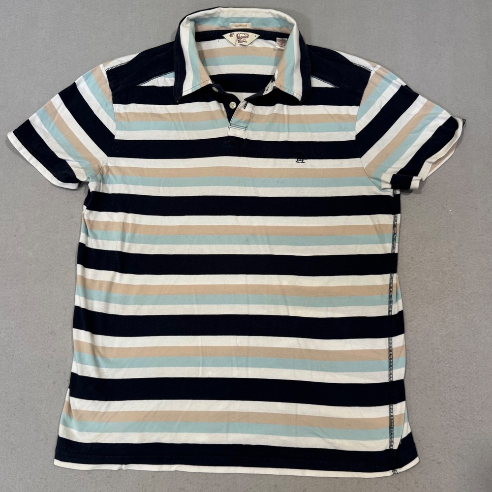 Original Penguin Polo Shirt Mens Large Blue Tan Striped Classic Fit Short Sleeve